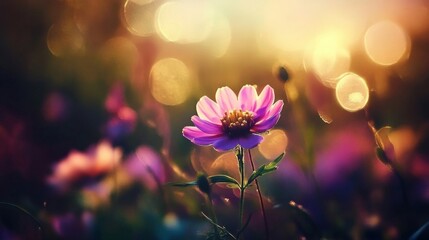 Pink Cosmos Flower in Soft Sunlight Field