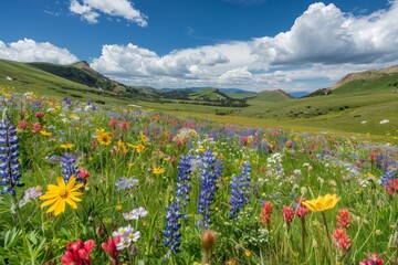 Fototapeta premium A vibrant field of wildflowers stretches towards the horizon, showcasing the beauty of nature in the Colorado mountains, Vibrant field of wildflowers stretching to the horizon