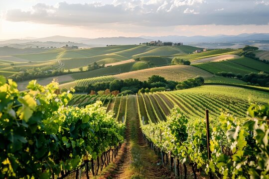 Rolling hills and lush vineyards in the beautiful region of Tuscany, Italy, A picturesque vineyard with rolling hills