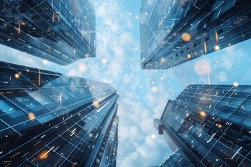 An upward view of four modern skyscrapers connected by a digital network, Smart building systems for intelligent automation and energy efficiency