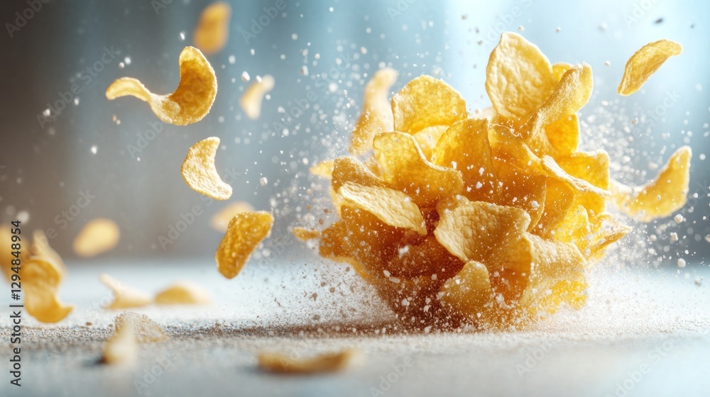 Wall mural crispy cereal pieces exploding on a surface with flour-like particles in the background
