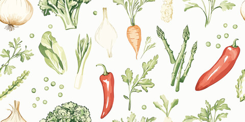Watercolor vegetable seamless pattern. Elegant food repeat background for kitchen, restaurant, menu design, packaging, fabric, wallpaper, branding, stationery, wrapping paper, interior