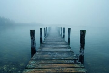 Moody misty wooden pier extending into a calm lake under a foggy atmosphere