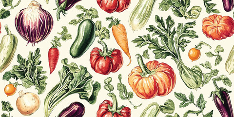 Vintage vegetable seamless pattern. Elegant food repeat background for kitchen, restaurant, menu design, packaging, fabric, wallpaper, branding, stationery, wrapping paper, interior