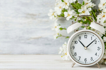 Spring forward. Time change in spring. Daylight saving time. Vintage alarm clock with tiny white spring blooming tree branches flowers. Clock turn forward one hour in spring