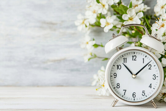 Spring forward. Time change in spring. Daylight saving time. Vintage alarm clock with tiny white spring blooming tree branches flowers. Clock turn forward one hour in spring