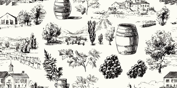 Seamless vintage vineyard vector pattern with hand-drawn wine landscapes, grapevines, barrels, rustic architecture. Elegant winery themed background for packaging, restaurant branding, menus, textiles
