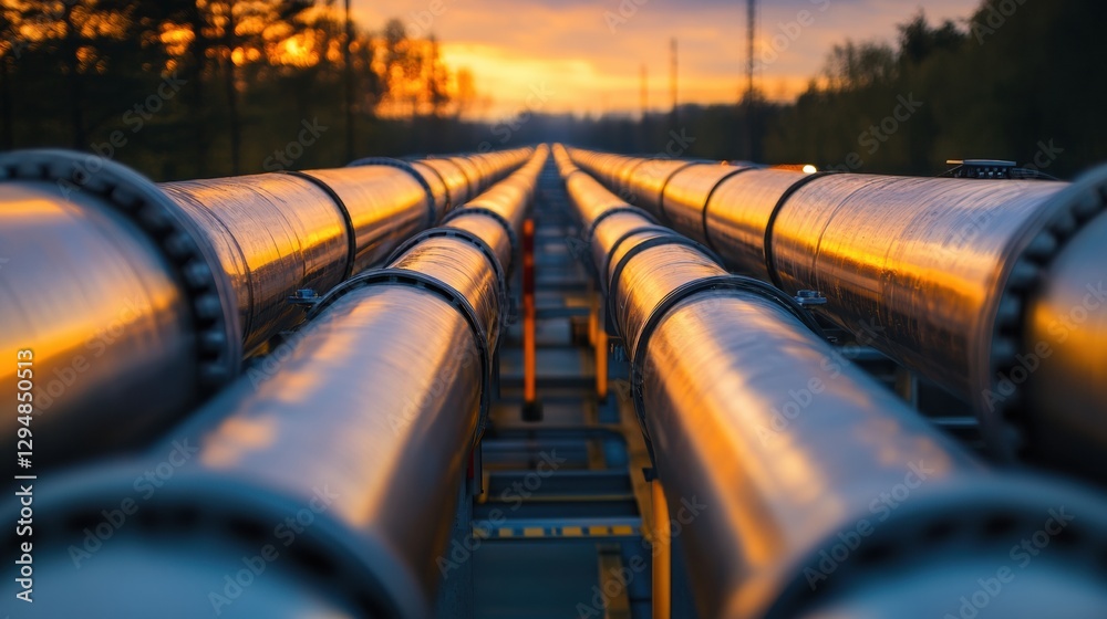 Poster long gas pipelines extend into the horizon during sunset showcasing industrial design and metallic t