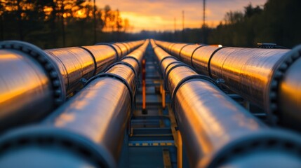 Long gas pipelines extend into the horizon during sunset showcasing industrial design and metallic textures. Generative AI