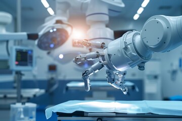 A robotic arm extends over a surgical table, its robotic hand poised to perform a delicate procedure in an operating room, A robotic surgeon performing a delicate procedure with precise movements
