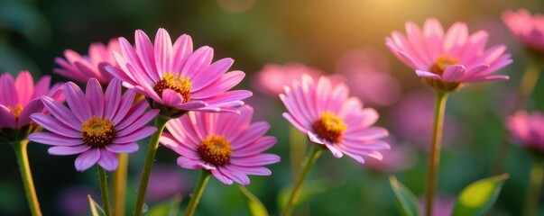 Obraz premium Delicate pink fuchsia aster blooms in a garden, nature, pink