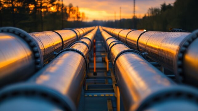 Long gas pipelines extend into the horizon during sunset showcasing industrial design and metallic textures. Generative AI