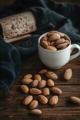 Delicious Almonds in White Cup on Wooden Table