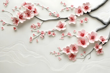 Delicate cherry blossom branches in 3D relief mural wallpaper