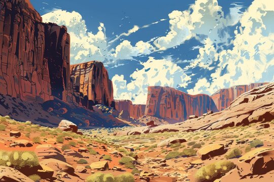 A scenic view of a desert canyon with towering sandstone cliffs and a clear blue sky with puffy white clouds, A rocky desert landscape with towering sandstone cliffs