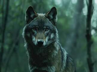 Obraz premium Gray wolf in misty forest, front view