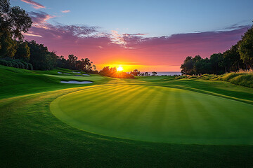 green golf course long and round field and red and blue cloudy sky, sunset or sunrise, european, asian and american landscape