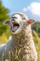 Sheep in flower grass field in Spring.