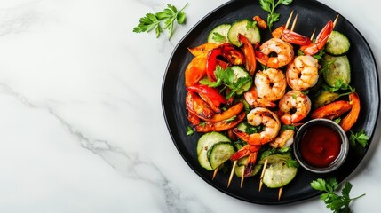 Shrimp Skewers with Roasted Vegetables and Sauces