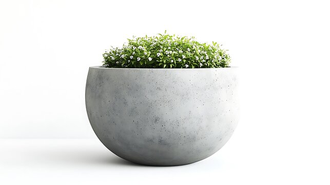 White Flowering Shrub in a Round Concrete Pot / 白い花を咲かせた低木を植えた丸いコンクリート鉢