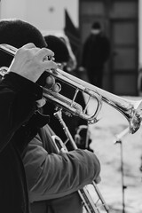 Talented musicians perform an elegant outdoor brass concert, playing French horns with skill and passion, creating a mesmerizing symphony of golden melodies.