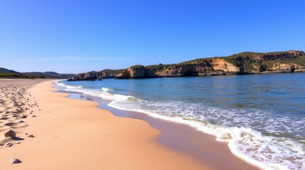 Obraz premium Serene beach landscape featuring gentle waves meeting the sandy shore on a sunny day