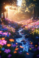 Beautiful colorful wild flowers in deep foggy forest with sun light in Spring.