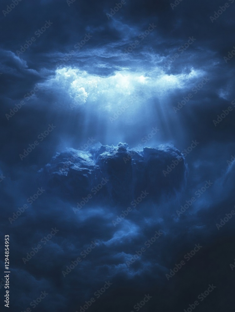 Poster melting iceberg drifts in dark blue waters under an expansive empty sky for text. generative ai