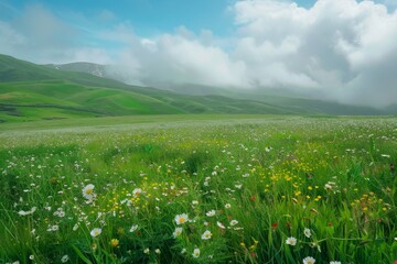 Fototapeta premium A picturesque meadow with rolling green hills in the distance, dotted with wildflowers and bathed in soft sunlight, A serene green meadow dotted with wildflowers