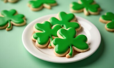 Plate of green shamrock biscuits. Symbol of the Irish St. Patrick Day