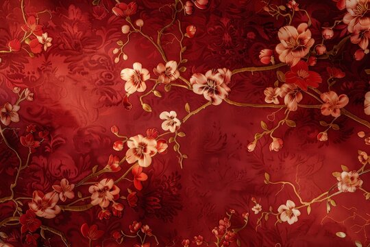 A close-up view of a deep red fabric featuring a delicate floral pattern, Delicate floral patterns on a rich, deep red background