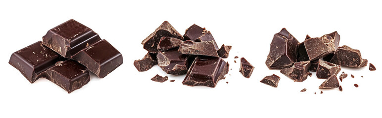 Fototapeta premium Chocolate chunks broken and scattered in three separate piles showcasing their rich dark color and tempting texture against a transparent background 