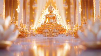 Serene Vesak Day Celebration with Golden Buddha Statues and Luminous Background