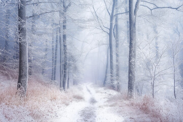 Enchanted frozen forest with pristine snow-covered trees, shimmering ice formations, and a narrow winter trail