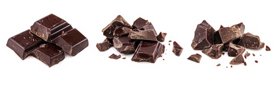 Chocolate chunks broken and scattered in three separate piles showcasing their rich dark color and tempting texture against a transparent background 
