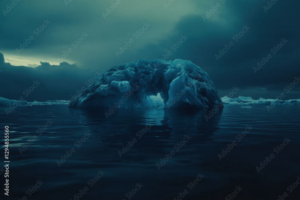 Aufkleber melting iceberg floats serenely in dark blue waters under an empty sky with dramatic clouds. generat