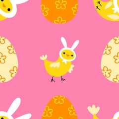 Easter chicken and eggs seamless birds pattern for wrapping paper and fabrics