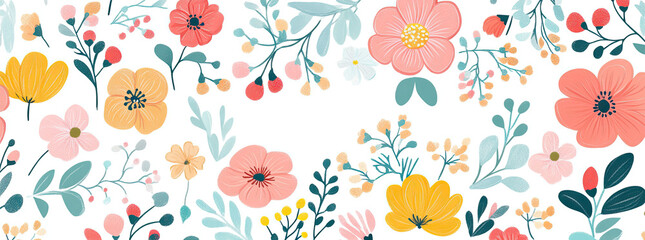 A vibrant floral pattern featuring various colorful flowers and leaves on a white background.