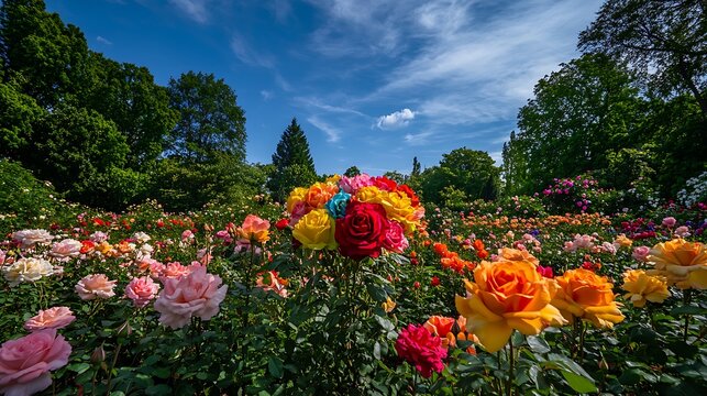 Rose Garden Under a Bright Blue Sky with Scattered Clouds / ちぎれ雲の浮かぶ青空の下のバラ園