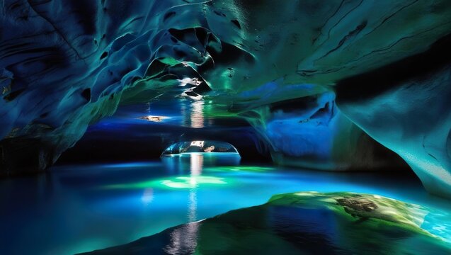 Mystical glowing ice cave with turquoise water reflection and dramatic blue lighting, breathtaking natural wonder landscape photography 2026