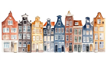 Fototapeta premium Houses in Amsterdam, watercolor on white 