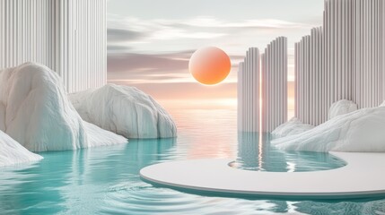 Fototapeta premium Surreal Arctic Landscape with Geometric Structures and Floating Sphere Reflection