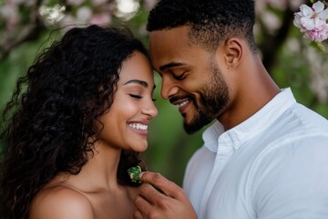 Fototapeta premium A romantic couple embracing joyfully under blooming cherry trees, capturing a beautiful moment of love and connection amidst a picturesque backdrop of spring flowers.