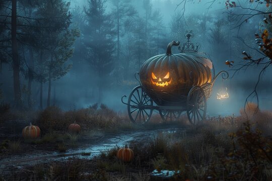 A spooky pumpkin carriage with glowing eyes rolls through a misty forest path, A haunted pumpkin carriage rolling through a misty forest