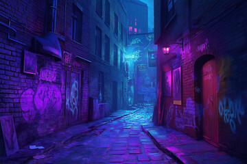 Fototapeta premium Urban City Alley Showcasing Historic Cobblestones, Vibrant Graffiti, and a Quirky Alleyway for Street Art