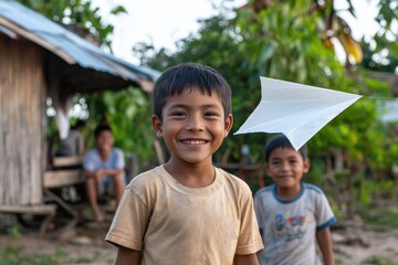 A cheerful young boy in a rural setting proudly flying a paper plane, capturing the essence of childhood joy and innocence among friends in the background.