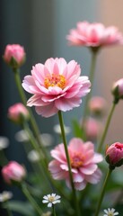 Obraz premium Soft pink ranunculus flowers dance amidst the airy tendrils of gypsophila, dance, blooms, soft
