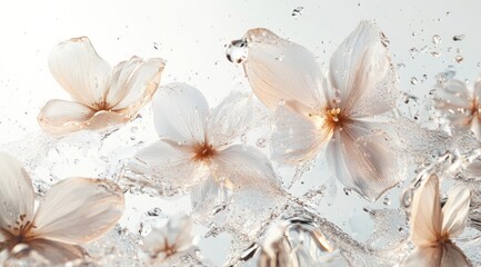 Delicate flowers in water splash, elegant beauty, possible for skincare, cosmetics, or aesthetic products