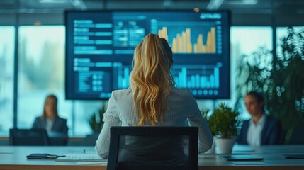 Businesswoman Analyzing Data Statistics in Modern Corporate Office