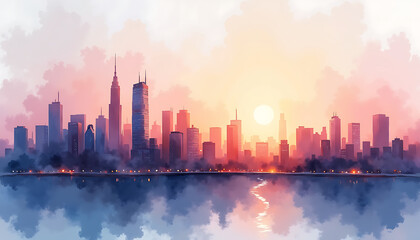 Obraz premium City skyline at sunset reflected on water